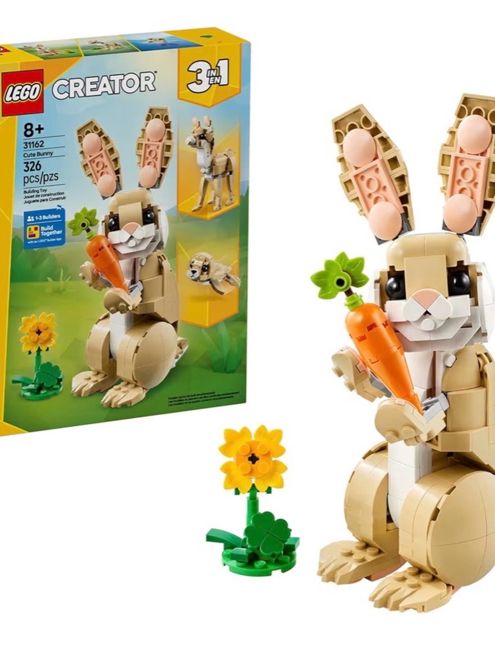 Lego Tan and White Bunny with Orange Carrot and Yellow Flower